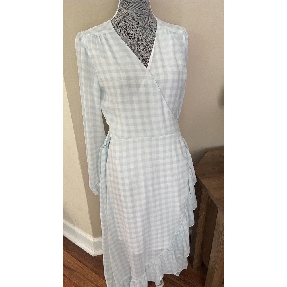 wayf womens blue gigham wrap dress size m